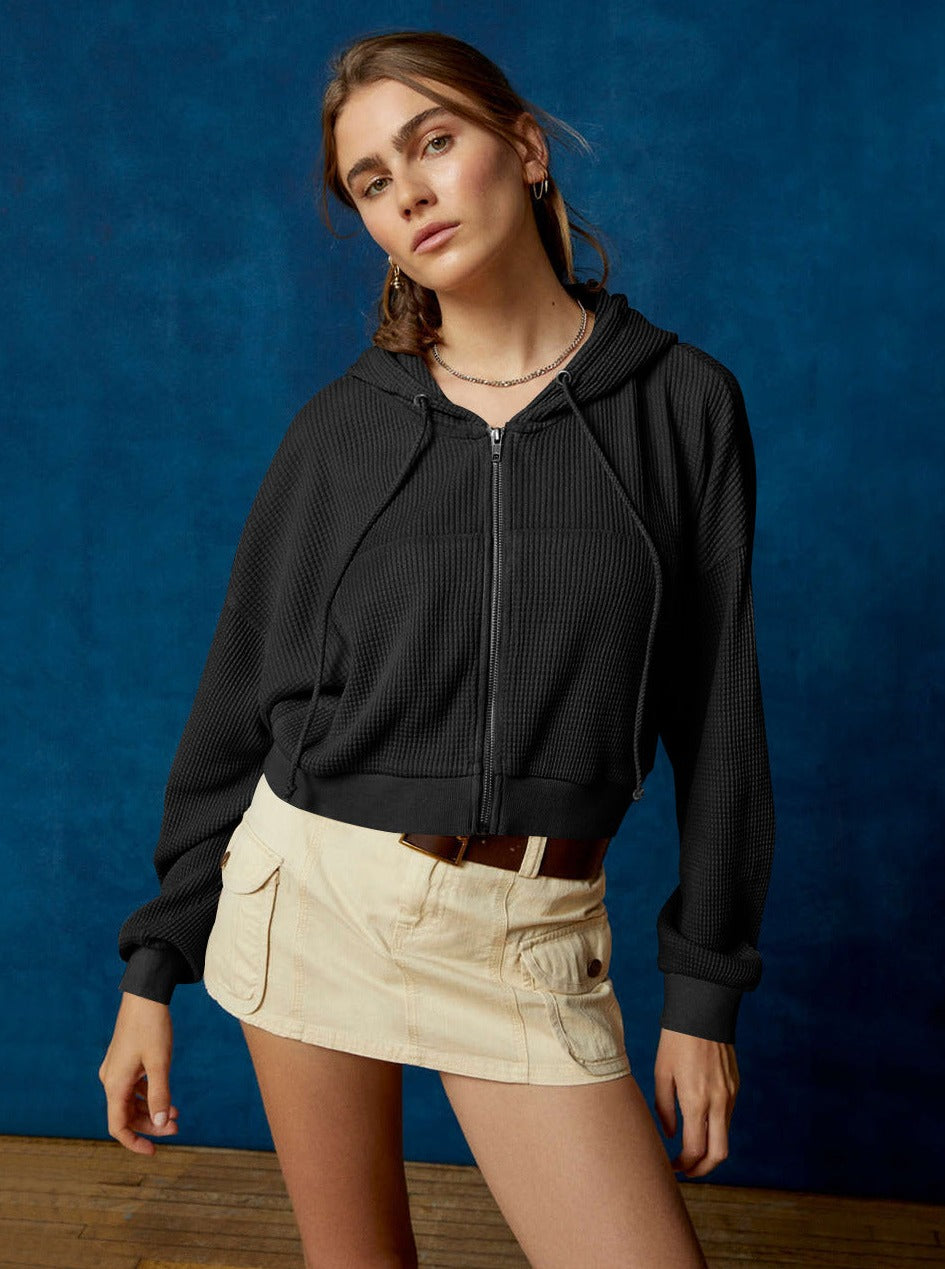 Solid Plain Black Waffle Ribbed Zip Up Hoodie