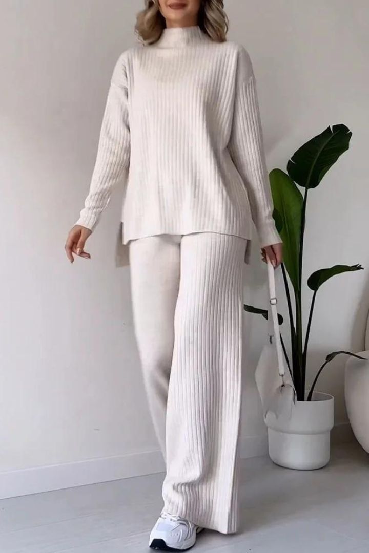 2 Piece Casual Long Sleeve Ribbed Knitted Lounge Set