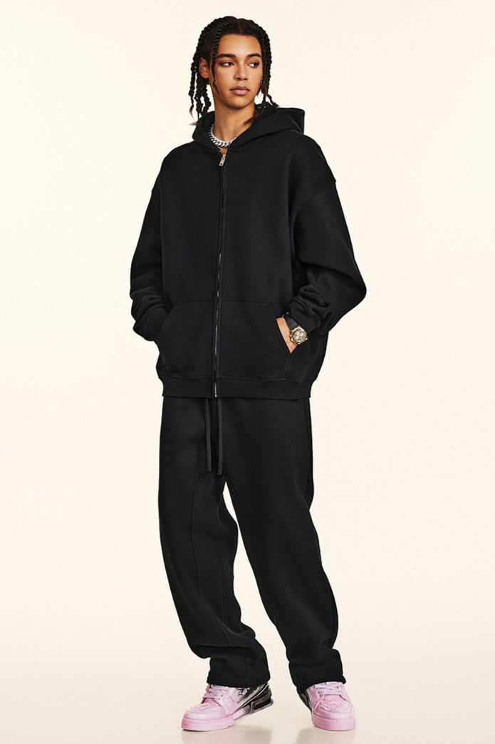 Solid Color Zipper Casual Hooded Sweatshirt and Sweatpants Set