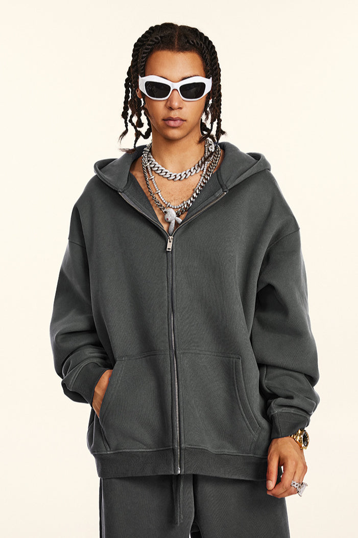 Solid Color Zipper Casual Hooded Sweatshirt and Sweatpants Set