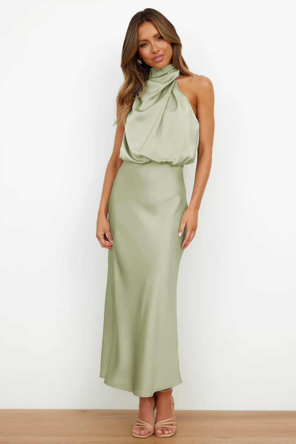 Elegant Light Green Halter Neck Dress