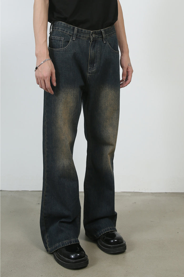 Faded Dark Washed Wide-Leg Jeans