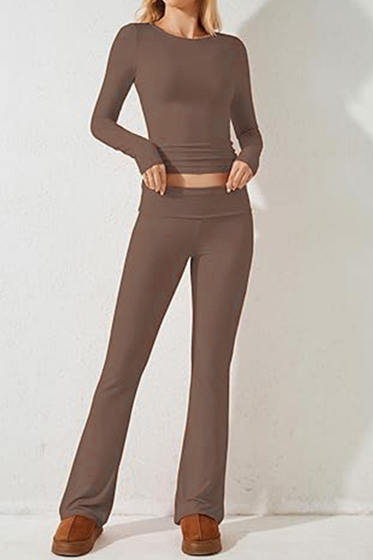 Two Piece Coffee Long Sleeve Crop Top Flare Pants Set