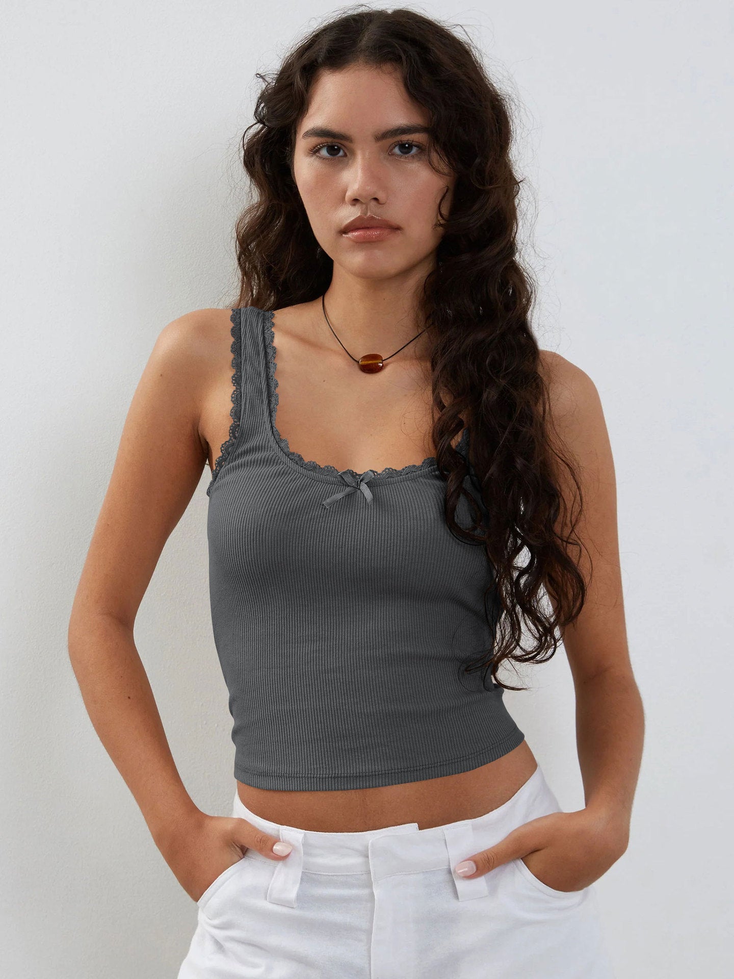 Charcoal Grey Tank Lace Sleeveless Crop Top