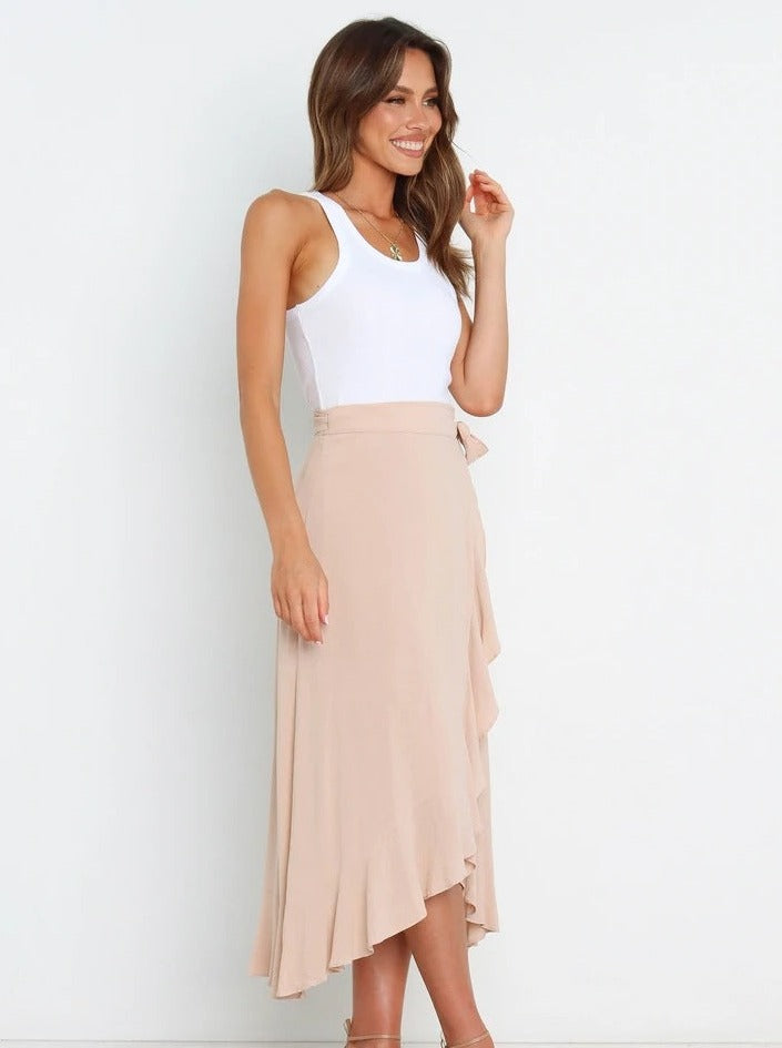 One-Piece Strappy Long Apricot Asymmetrical Skirt