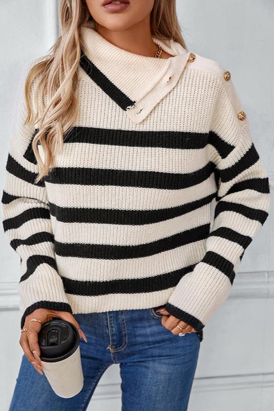 Classy Stripe Turndown Collar Long Sleeve Sweater