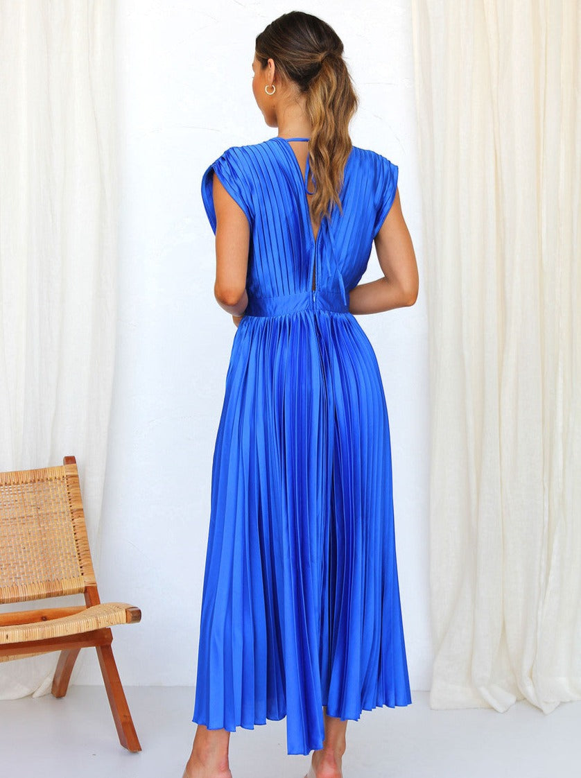 Blue Casual V-Neck Pleated Dress