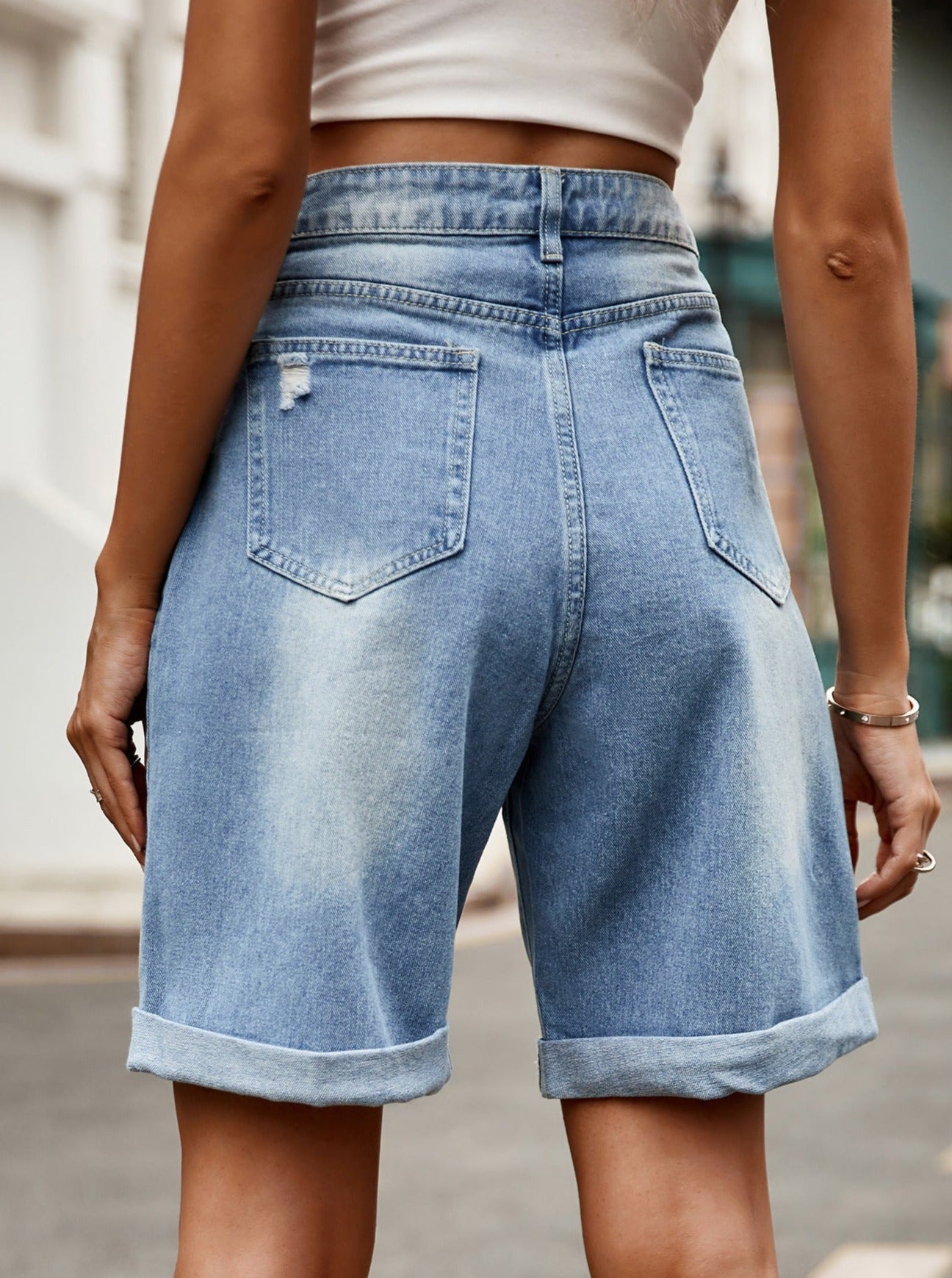 Classic High-Waisted Denim Bermuda Shorts