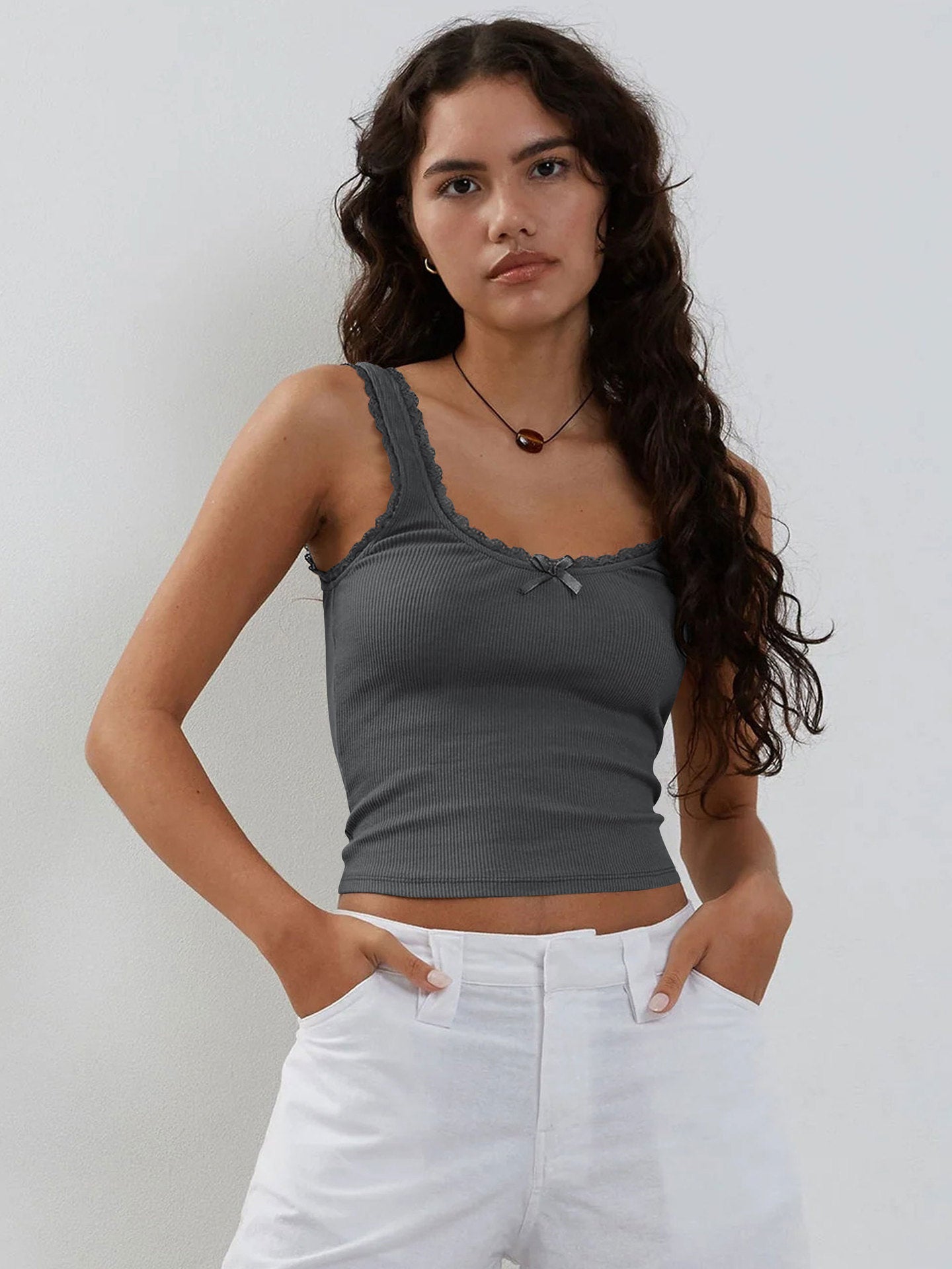 Charcoal Grey Tank Lace Sleeveless Crop Top