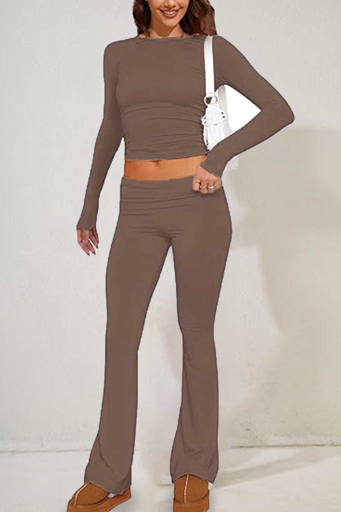 Two Piece Coffee Long Sleeve Crop Top Flare Pants Set