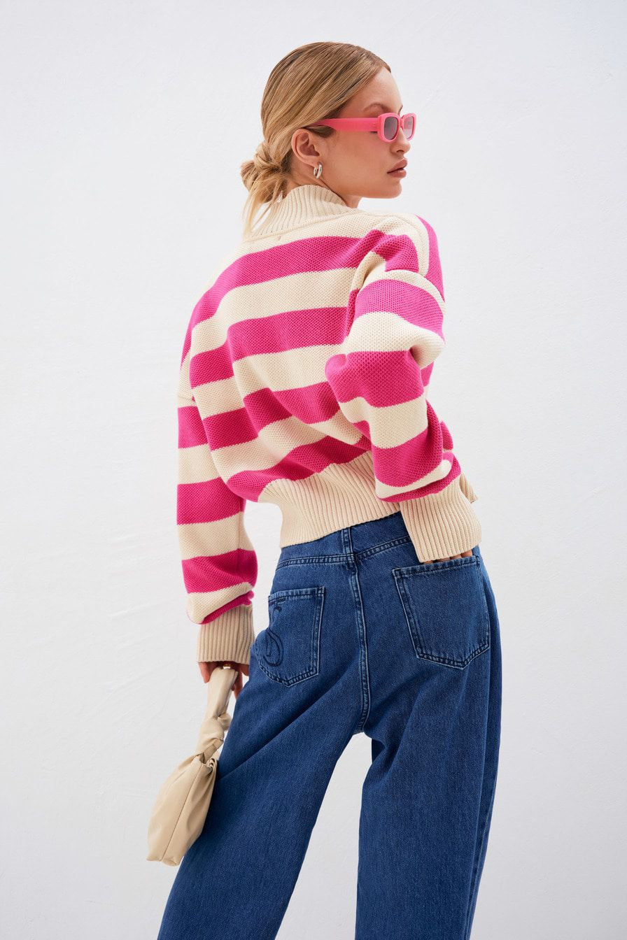 Pink and Beige Striped Knitted Cardigan