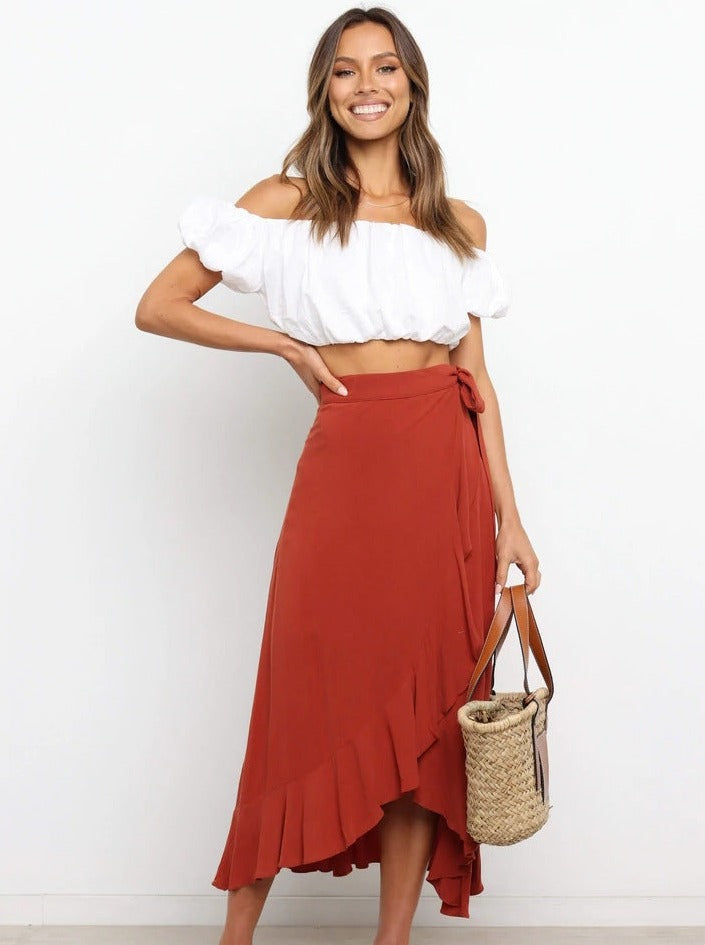 Asymmetrical Tie-Waist Ruffle Rust Red Long Skirt