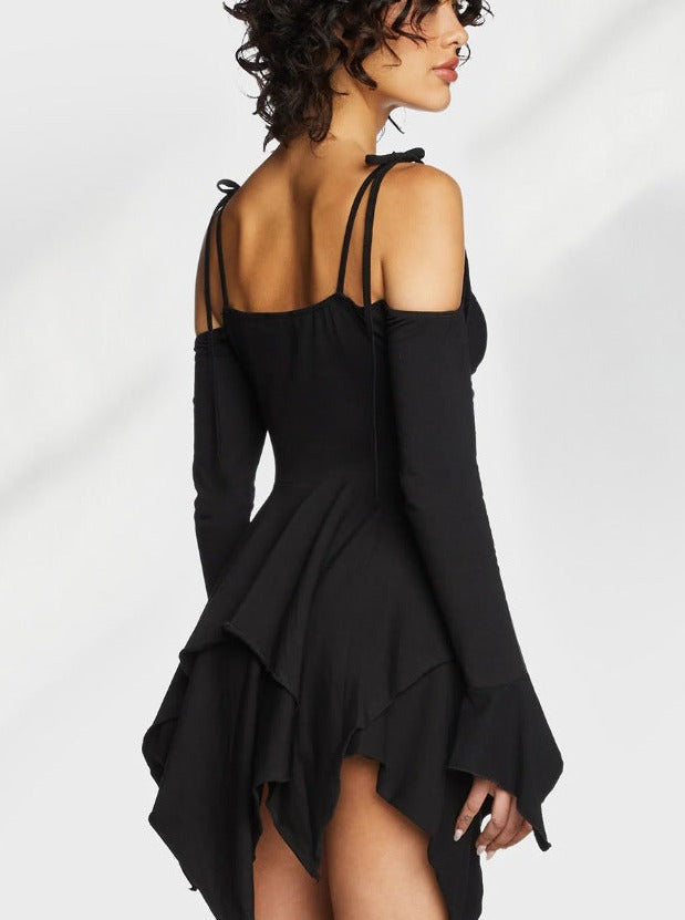 Off Shoulder Long Sleeve Irregular High Waist Ruffled Mini Dress