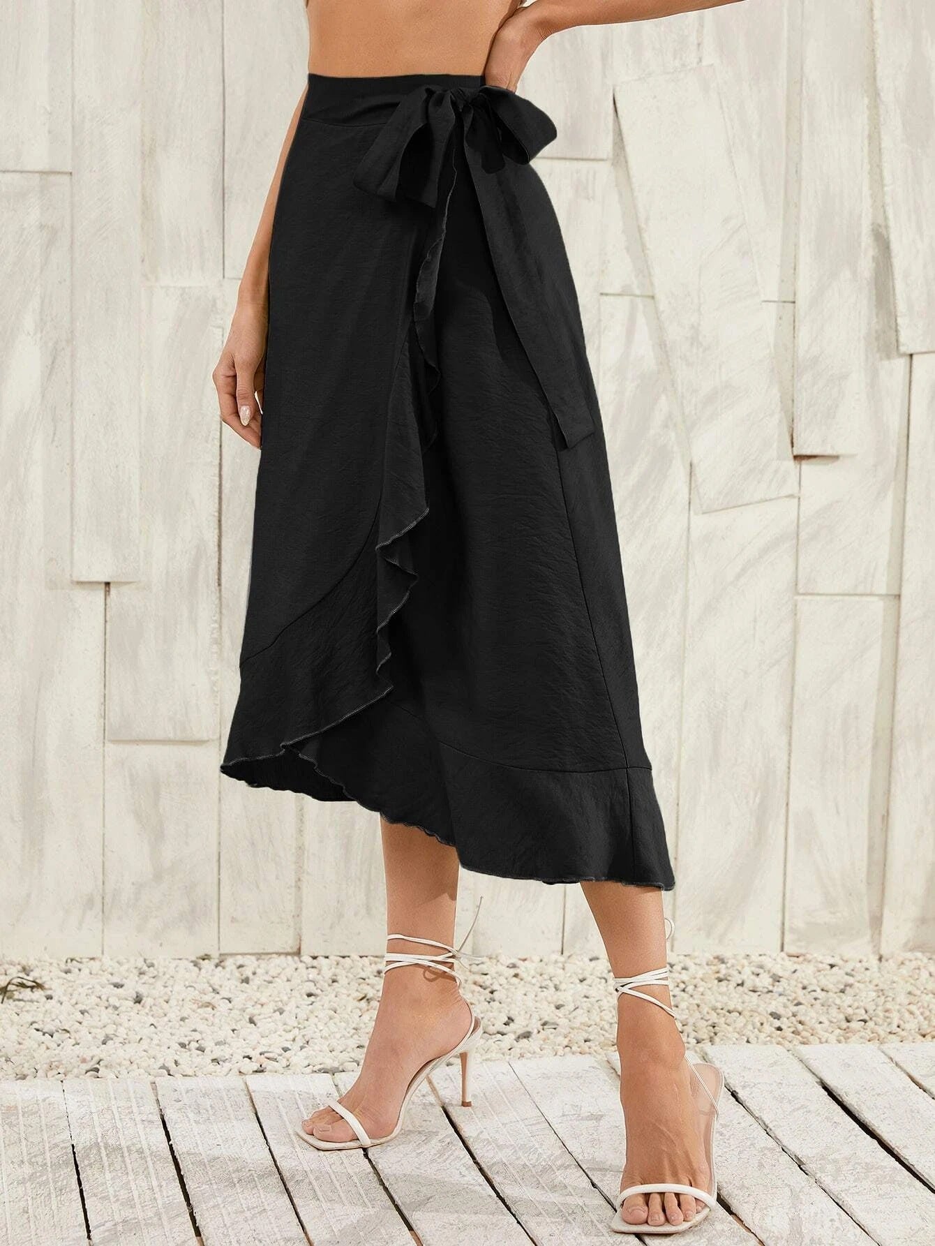 Asymmetrical Tie-Waist Ruffle Black Long Skirt