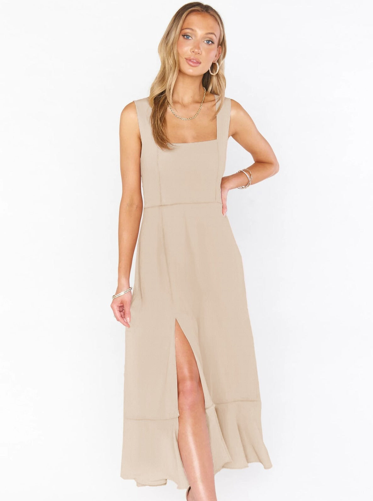 Beiges Sommerkleid Midi Elegant Leinen Mit Schlitz Schleife und Rüschen