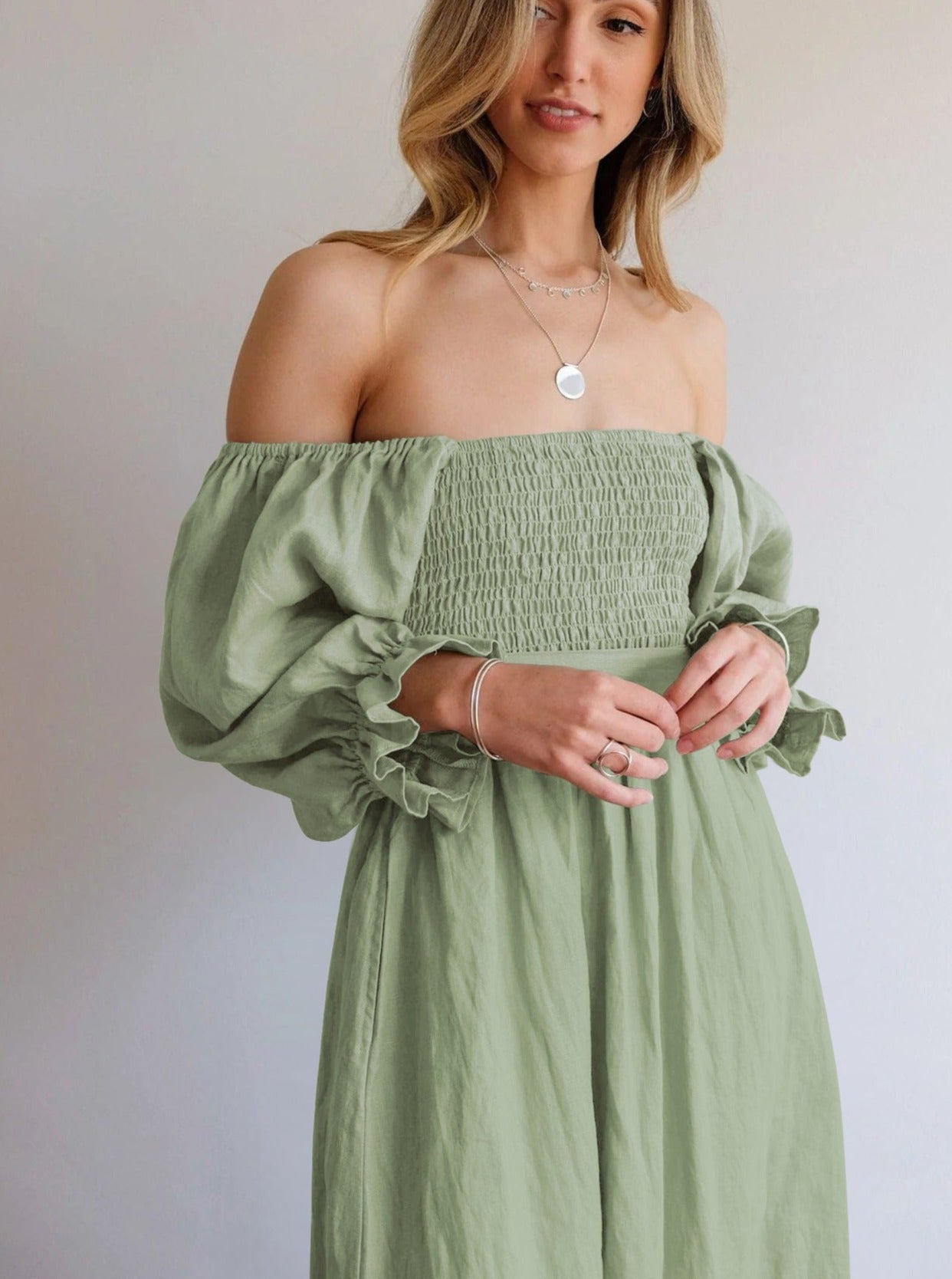 Light Green Rope Belt  Ruffled Lantern Sleeve Pleated Dress