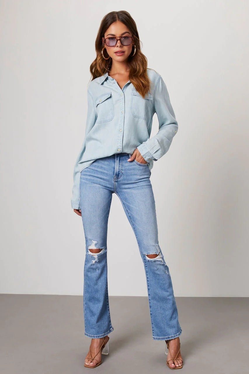 Light Blue Long Sleeve Collared Denim Blouse