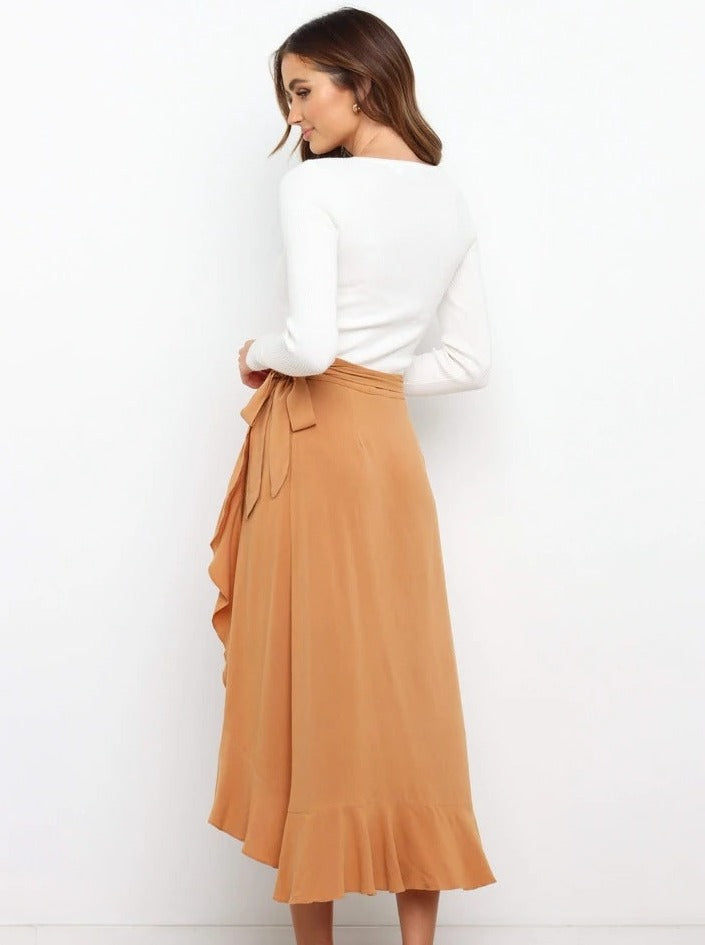 Asymmetrical Tie-Waist Ruffle Camel Long Skirt