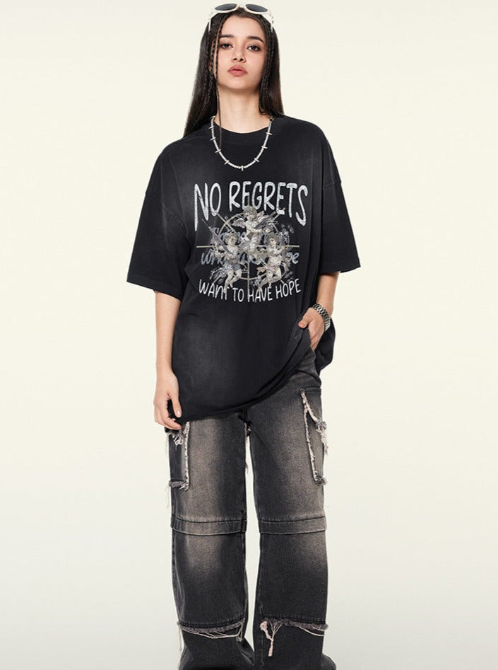 Retro Printed Half-Sleeved Distressed T-Shirts