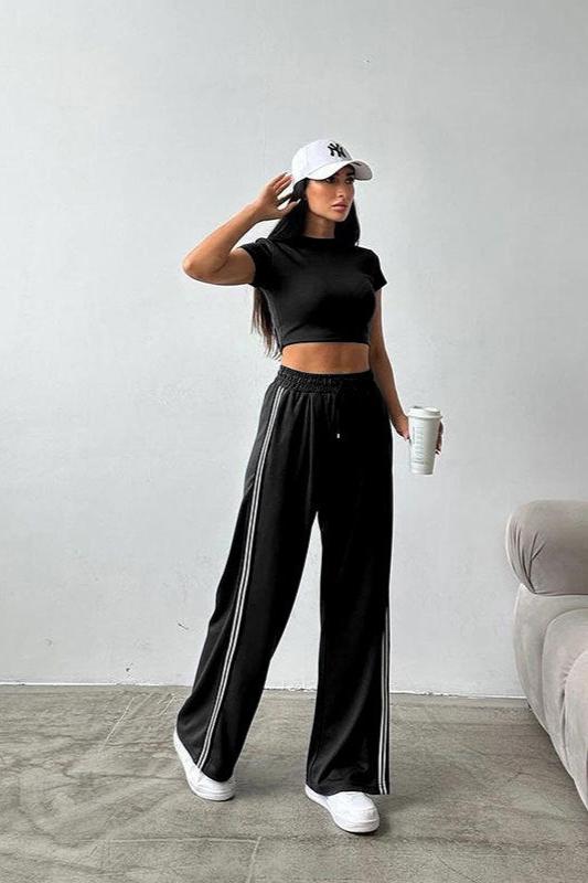 Sporty Short Sleeve Crop Top and Pants Set