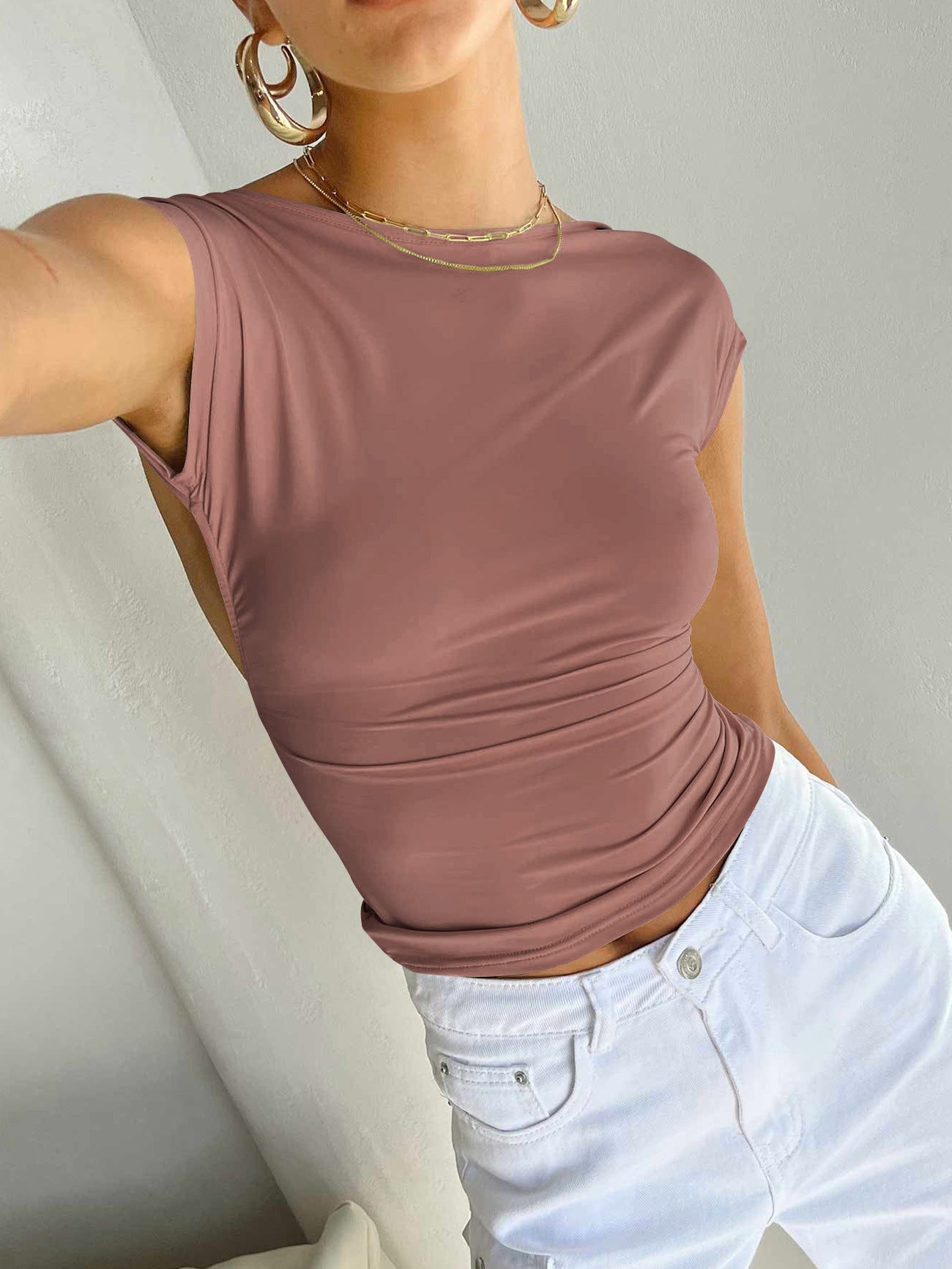 Beige Sexy Backless Slim Breathable Short Sleeve Shirt