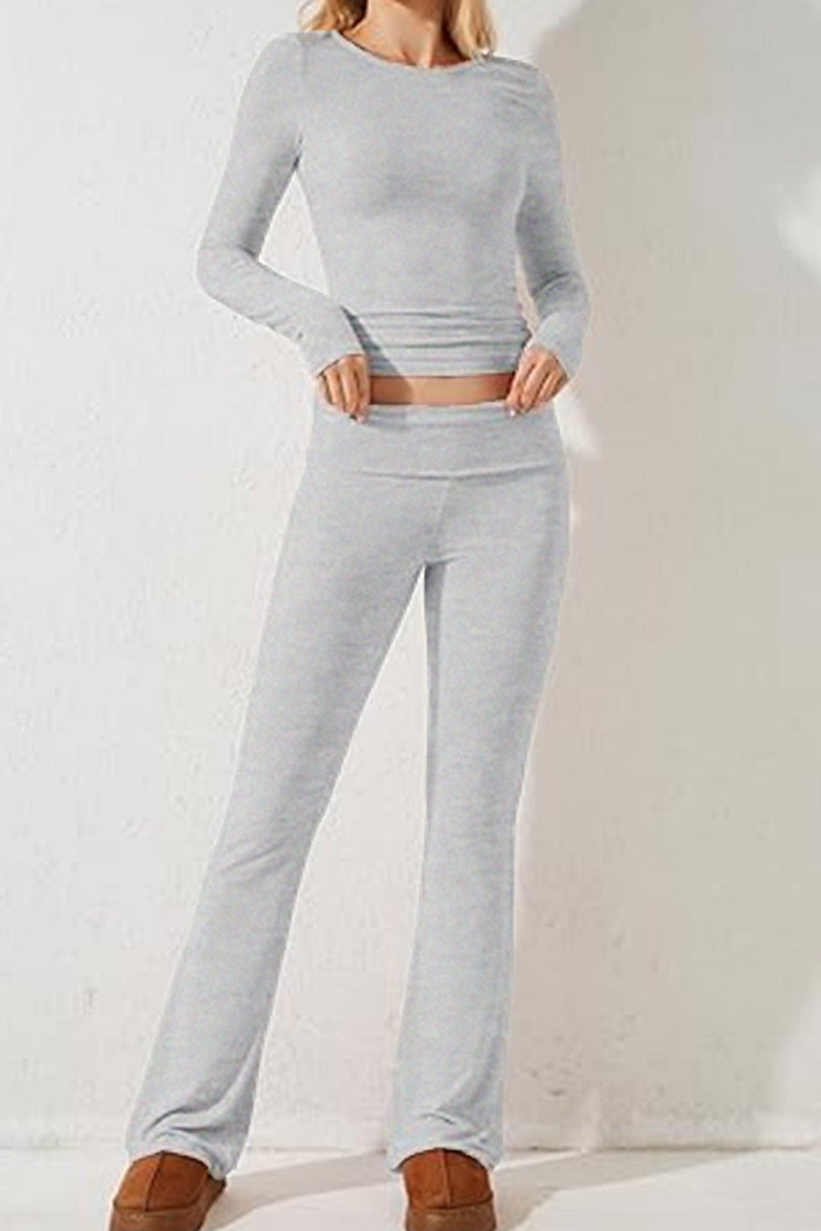 Two Piece Grey Long Sleeve Crop Top Flare Pants Set