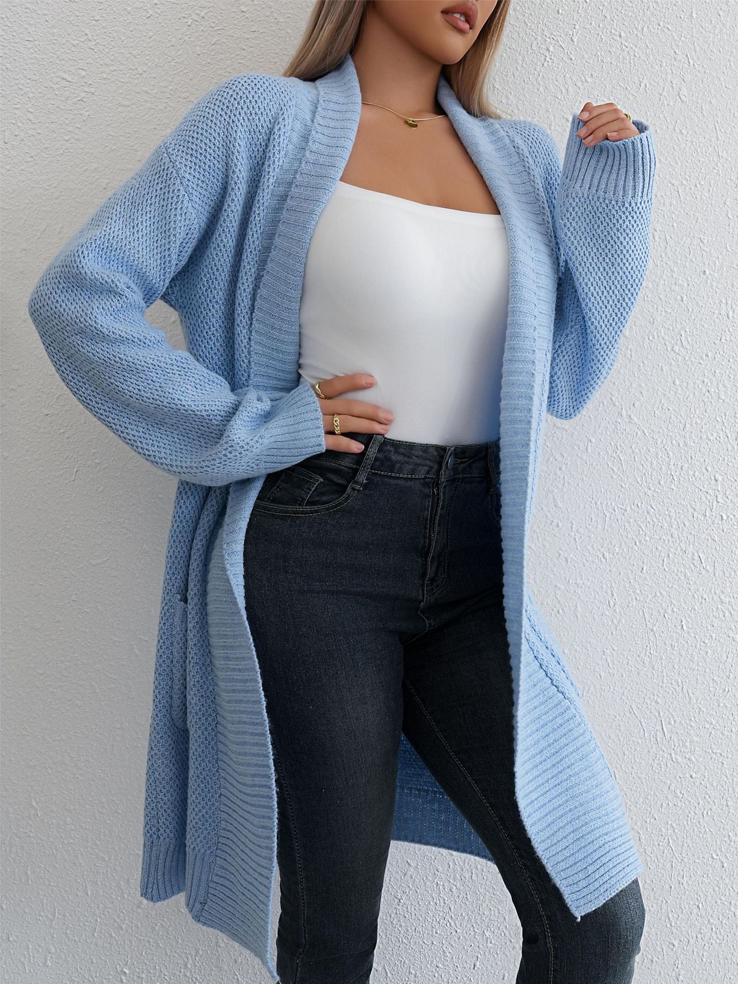 Lange Strickjacke Damen | Casual Cardigan mit Offener Front in Beige, Blau & Grau – Perfekt für Herbst & Winter