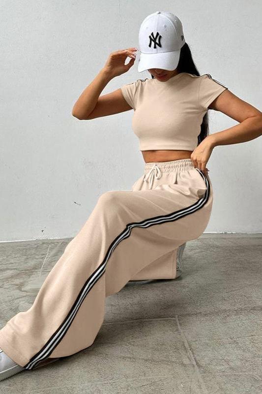 Sporty Short Sleeve Crop Top and Pants Set