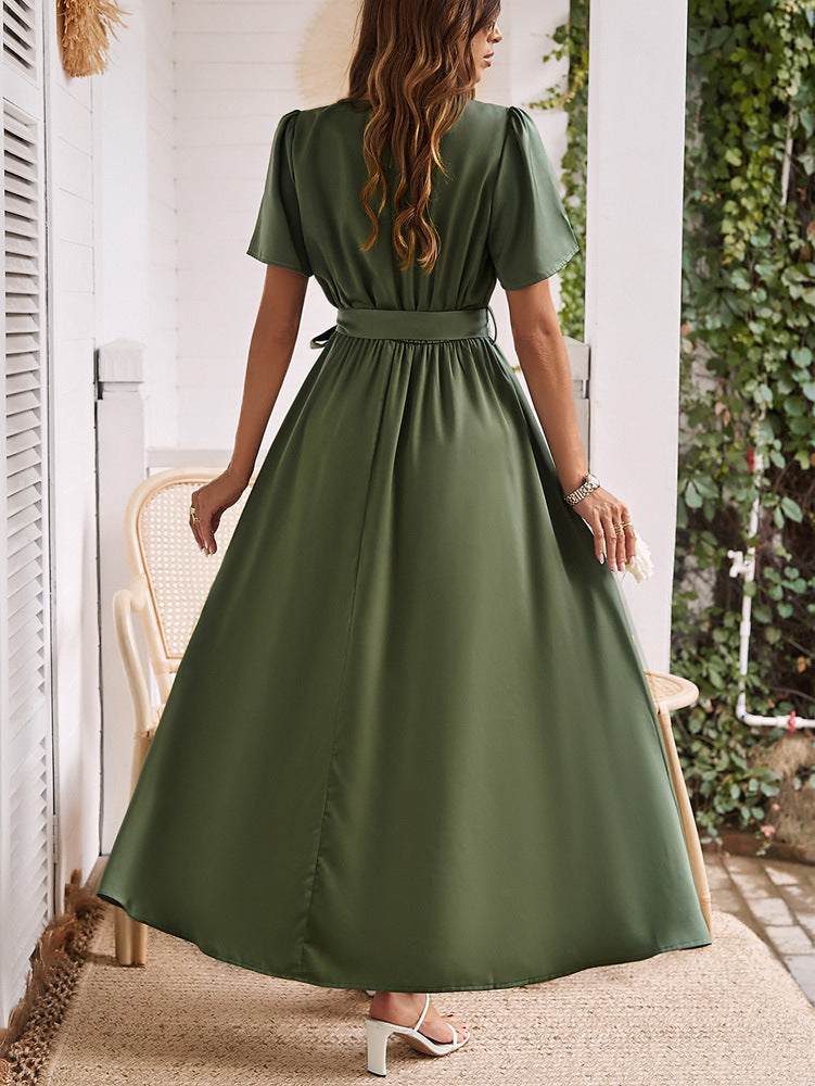 Green Short Sleeve Slit Dress