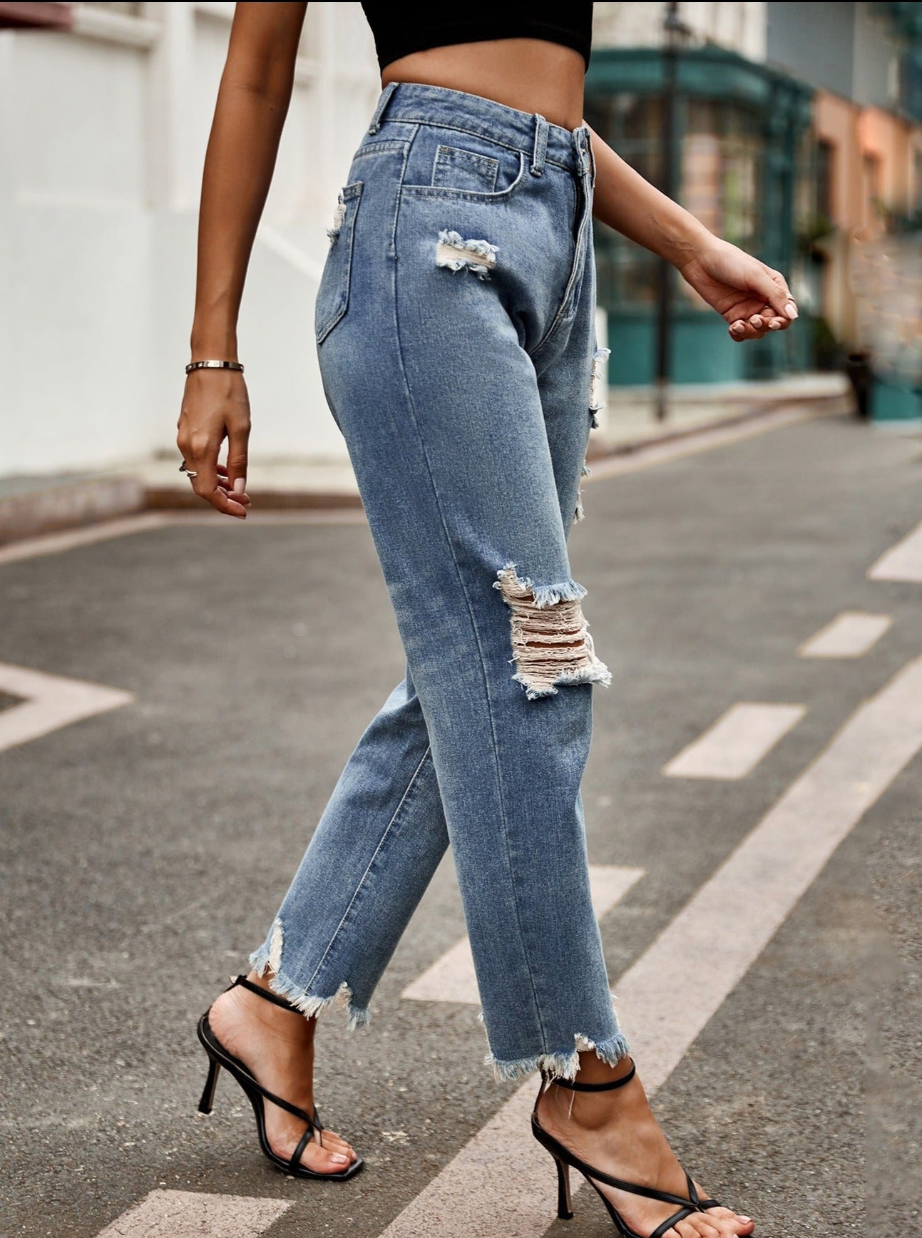 High Waist Buttoned Ripped Flare Denim Jeans