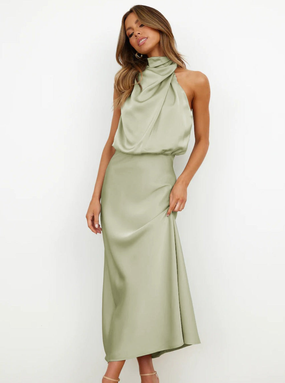 Elegant Light Green Halter Neck Dress