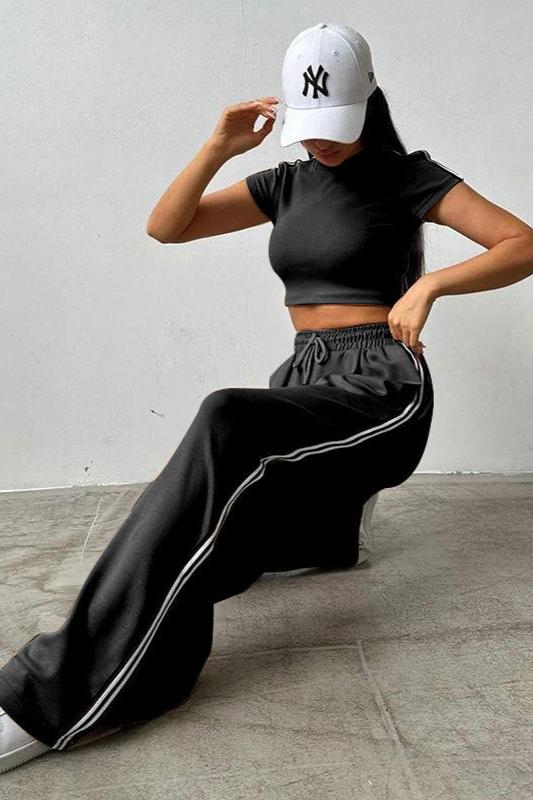 Sporty Short Sleeve Crop Top and Pants Set