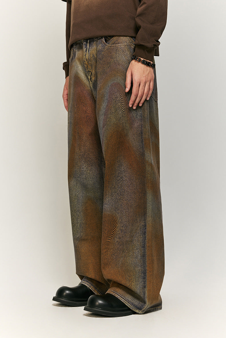 Earth-Tone Abstract Pattern Wide-Leg Denim Pants