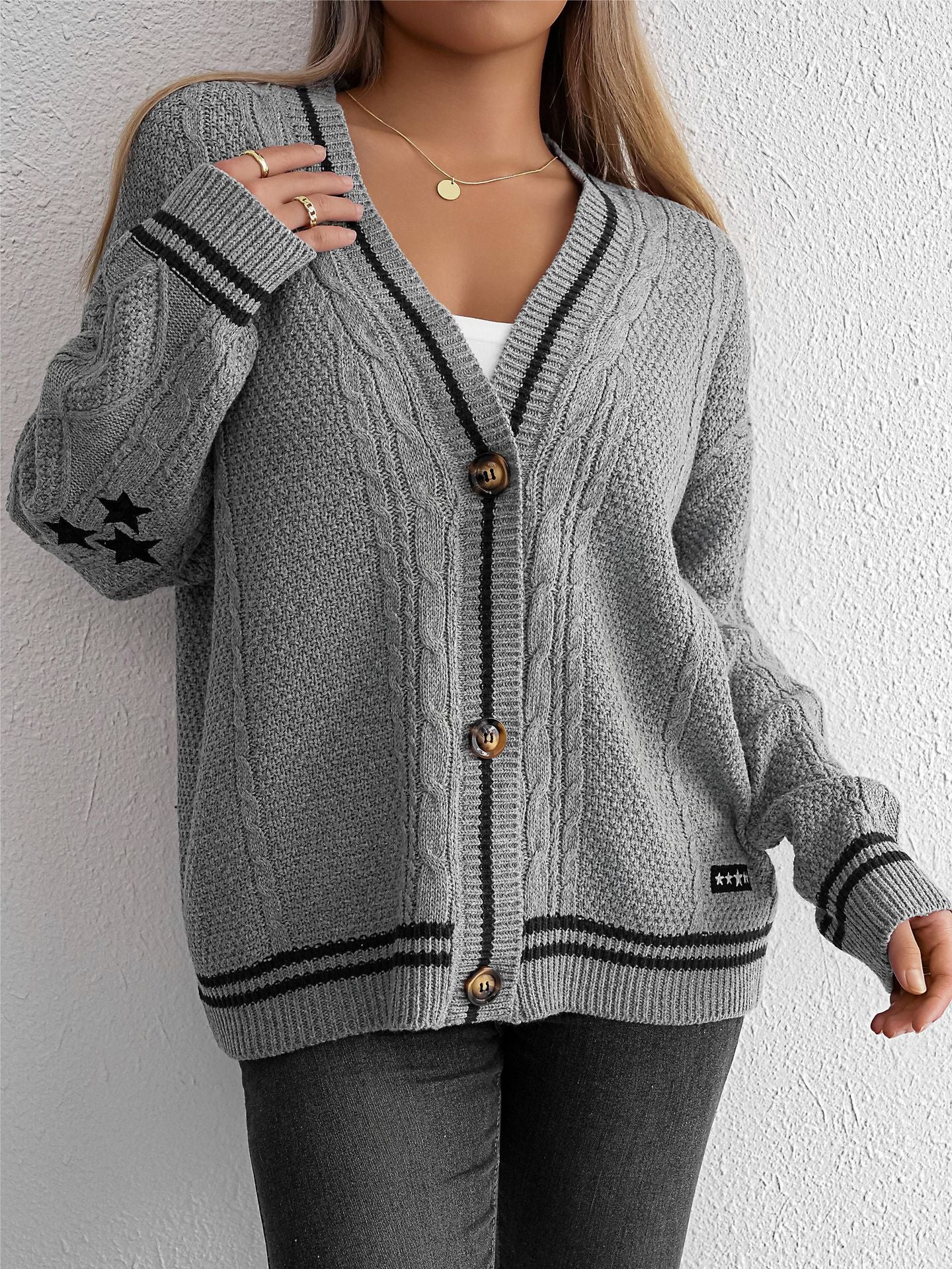 Damen Strickjacke Zopfstrick - Cardigan mit Knöpfen und Kontraststreifen