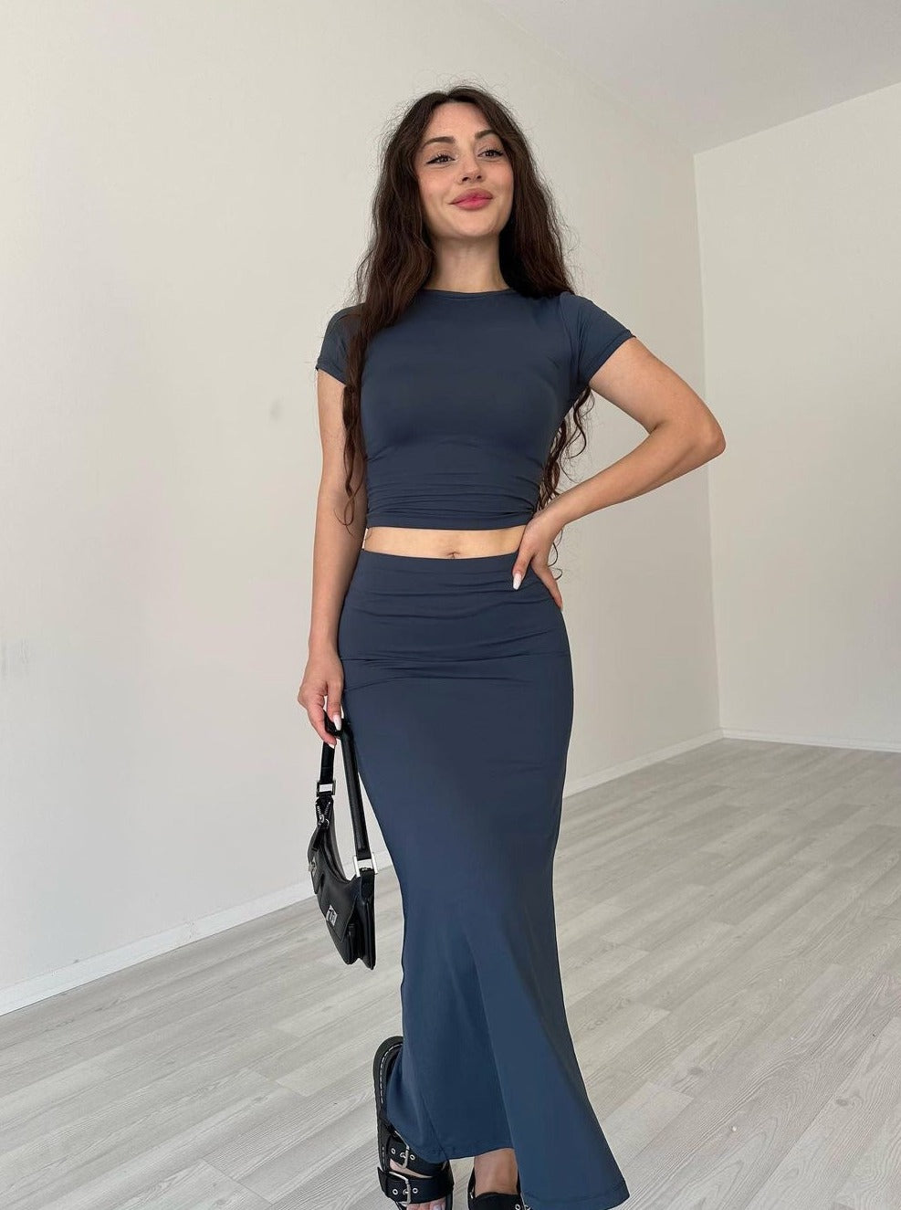 Casual Blue Round Neck Crop Top and Skirt Set