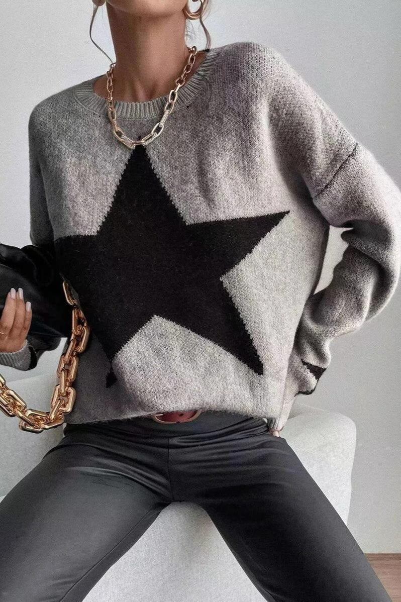 Grey Long Sleeve Star Print Sweater