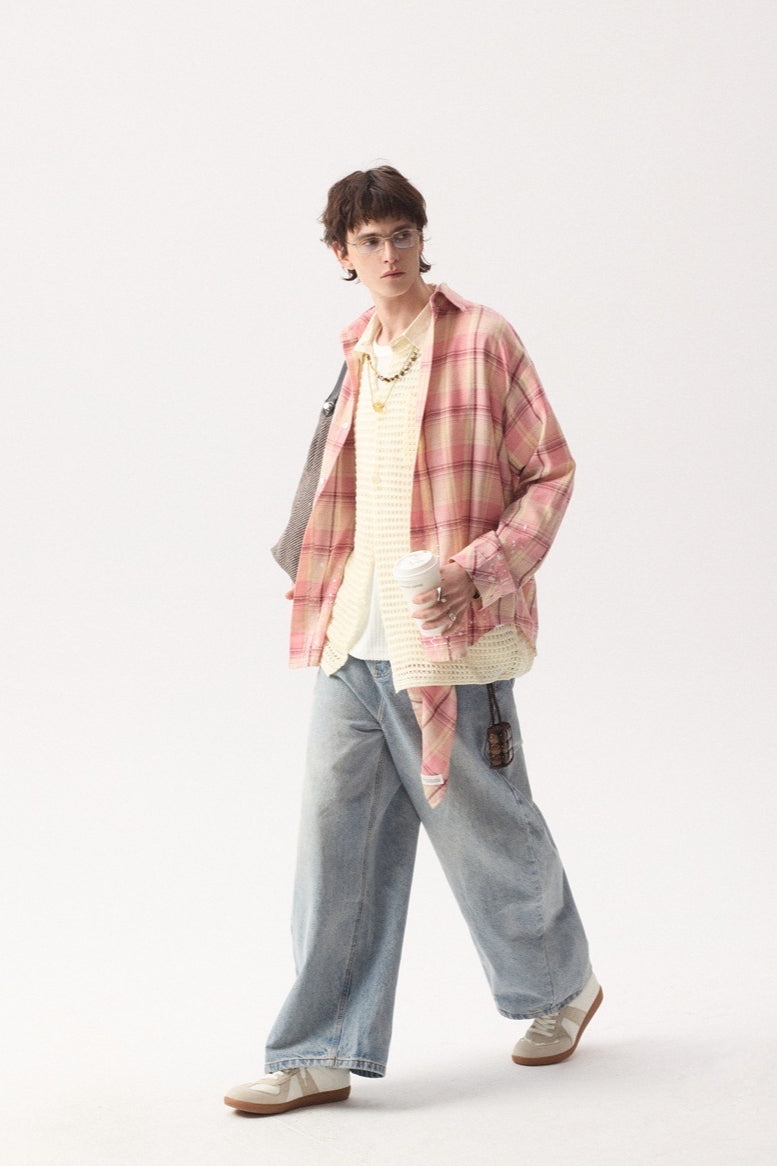 Men's Casual Oversized Plaid Shirt in Pink